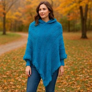 Coco + Carmen Blue Textured Fringe Hooded Poncho NWT One Size